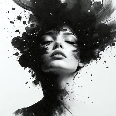 The primary subject of the image is a woman with a black and white face, wearing a black hat. She is surrounded by a black and white background, which adds to the overall mood of the image. The visual style of the image is a combination of a photo and digital art, creating a unique and artistic representation of the woman. The colors and mood of the image are predominantly black and white, giving it a classic and timeless feel.